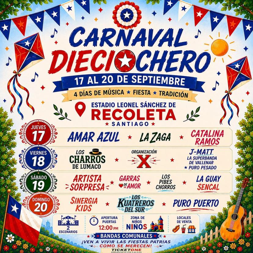JUEVES 17 Carnaval Dieciochero en Estadio Leonel Sánchez de Recoleta