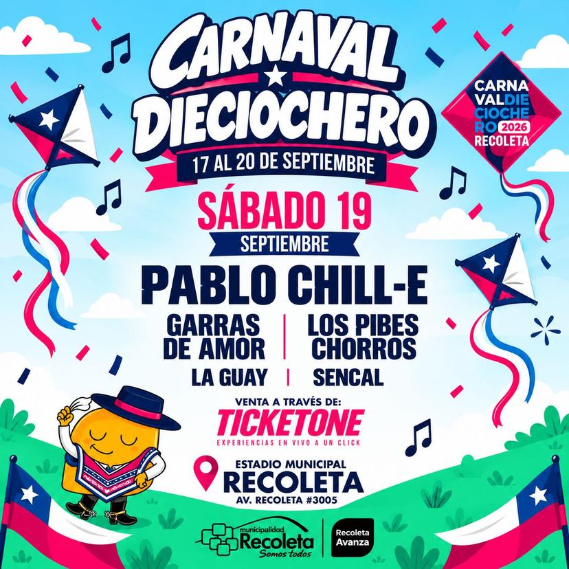 SÁBADO 19 Carnaval Dieciochero en Estadio Leonel Sánchez de Recoleta